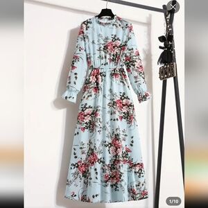Floral Print Ruffle Hem Dress, Elegant Crew Neck Long Sleeve Dress, Women's Clot